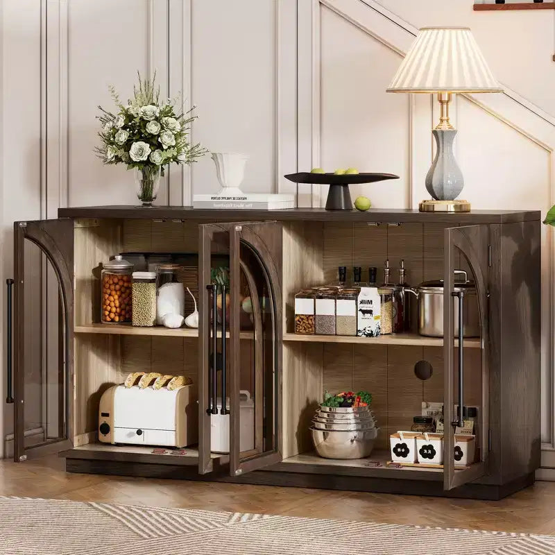 MAYEERTY Madia Credenza a 4 Ante con Ante in Vetro Ripiani Regolabili per Soggiorno Cucina Espresso
