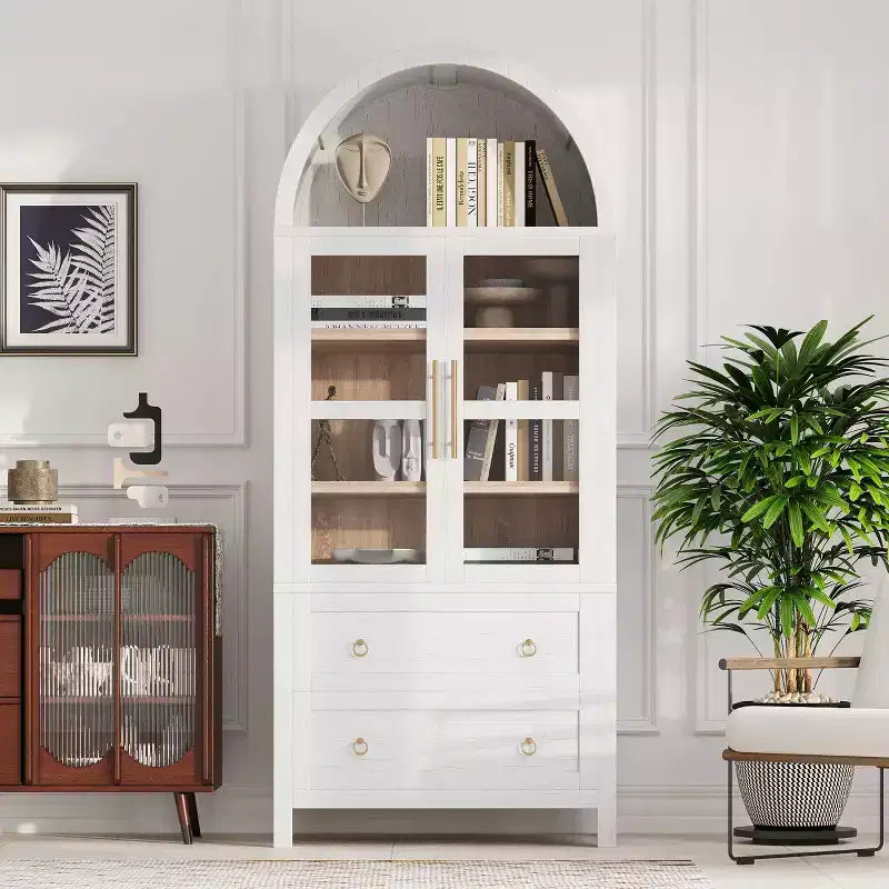 Okak 71 Wood Arched Kitchen Pantry Cabinet with 2 Drawers, Kitchen Storage Cabinets with Glass Door, Tall Cupboard for Kitchen/Dining Room