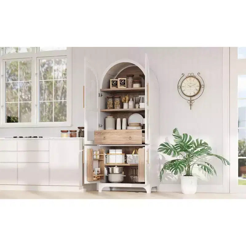 Okak 71 Mobile Dispensa da Cucina Ad Arco in Legno con 2 Cassetti, Mobili Contenitori da Cucina con Anta in Vetro, Armadio Alto per Cucina/Sala da Pranzo