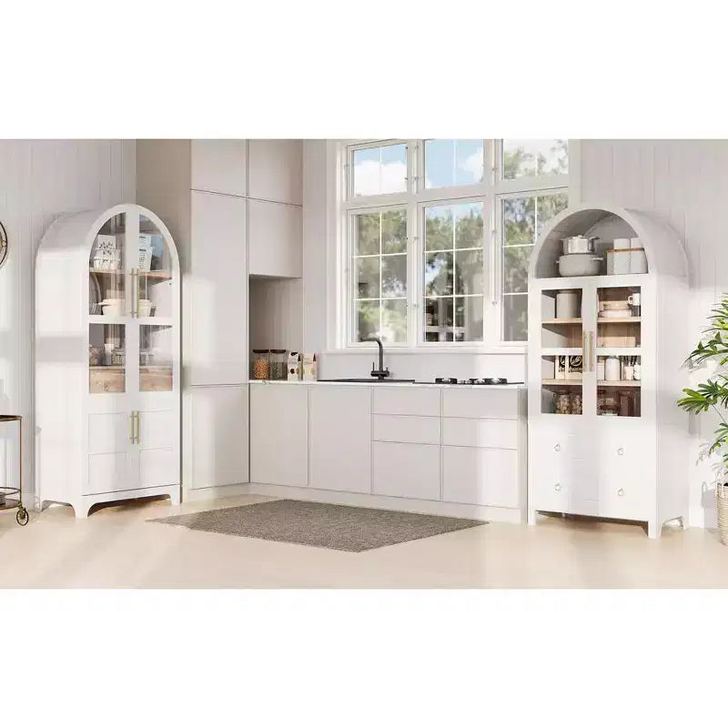 Okak 71 Mobile Dispensa da Cucina Ad Arco in Legno con 2 Cassetti, Mobili Contenitori da Cucina con Anta in Vetro, Armadio Alto per Cucina/Sala da Pranzo