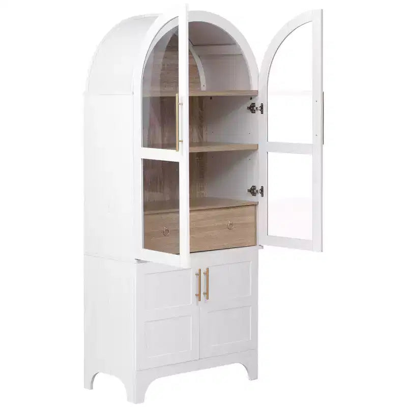 Okak 71 Mobile Dispensa da Cucina Ad Arco in Legno con 2 Cassetti, Mobili Contenitori da Cucina con Anta in Vetro, Armadio Alto per Cucina/Sala da Pranzo