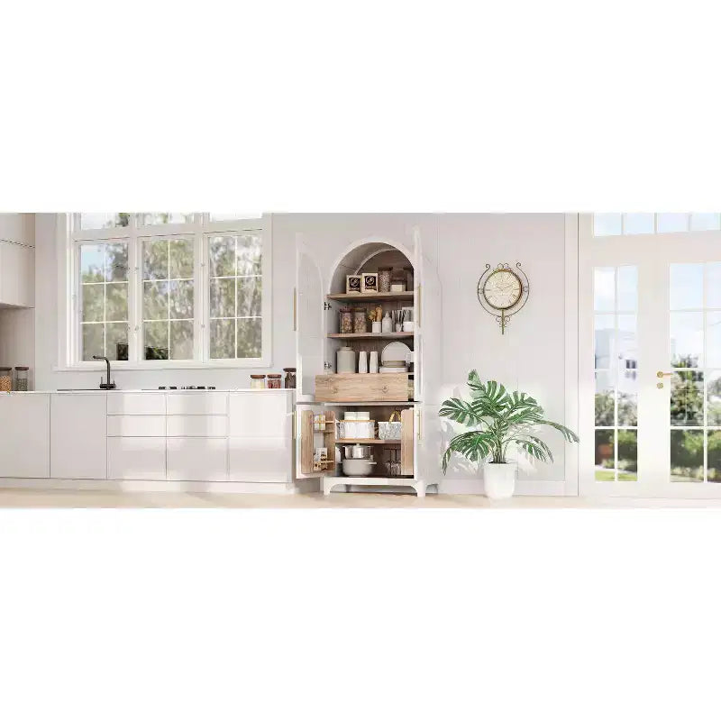 Okak 71 Mobile Dispensa da Cucina Ad Arco in Legno con 2 Cassetti, Mobili Contenitori da Cucina con Anta in Vetro, Armadio Alto per Cucina/Sala da Pranzo