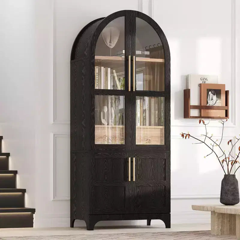 Okak 71 Mobile Dispensa da Cucina Ad Arco in Legno con 2 Cassetti, Mobili Contenitori da Cucina con Anta in Vetro, Armadio Alto per Cucina/Sala da Pranzo