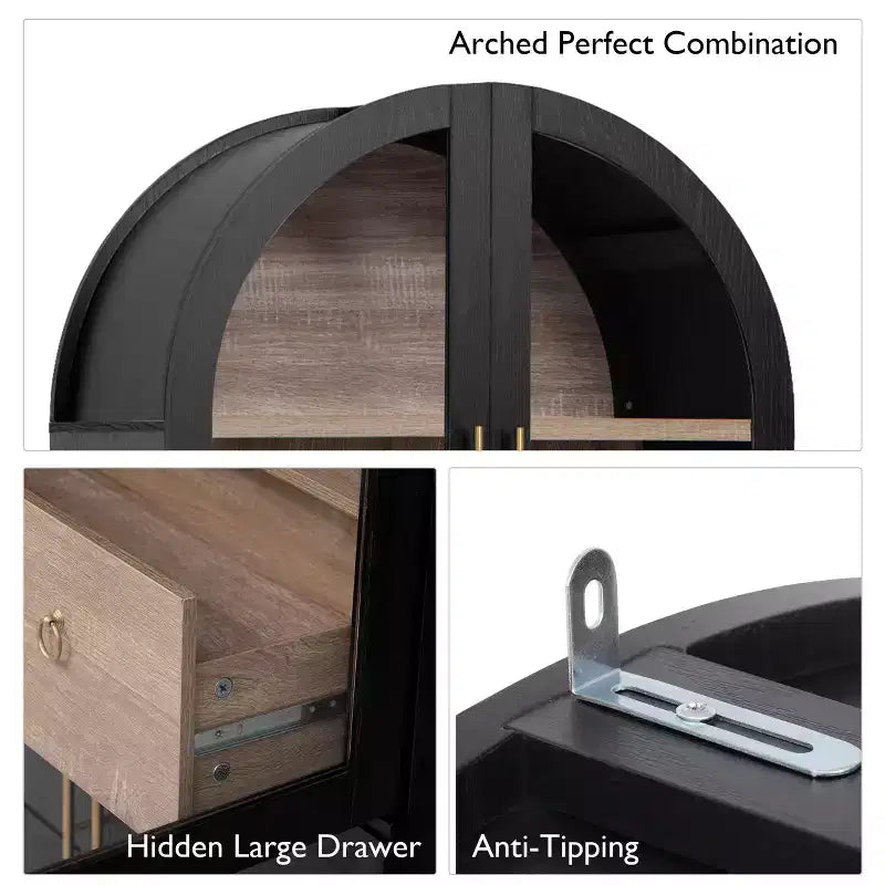 Okak 71 Mobile Dispensa da Cucina Ad Arco in Legno con 2 Cassetti, Mobili Contenitori da Cucina con Anta in Vetro, Armadio Alto per Cucina/Sala da Pranzo