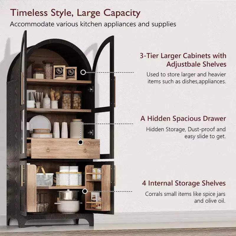 Okak 71 Mobile Dispensa da Cucina Ad Arco in Legno con 2 Cassetti, Mobili Contenitori da Cucina con Anta in Vetro, Armadio Alto per Cucina/Sala da Pranzo