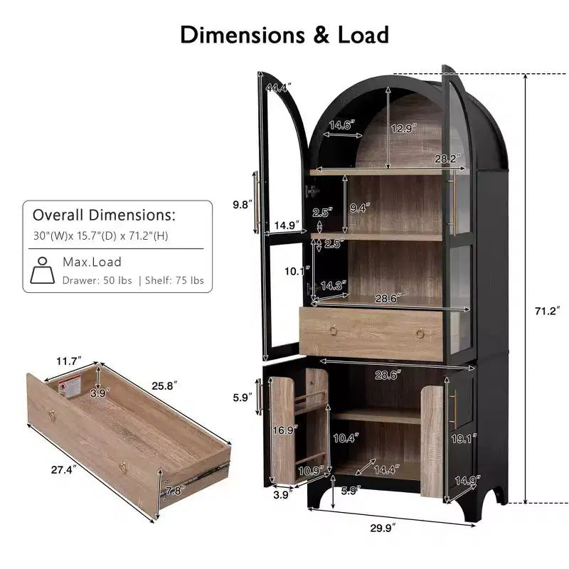 Okak 71 Mobile Dispensa da Cucina Ad Arco in Legno con 2 Cassetti, Mobili Contenitori da Cucina con Anta in Vetro, Armadio Alto per Cucina/Sala da Pranzo