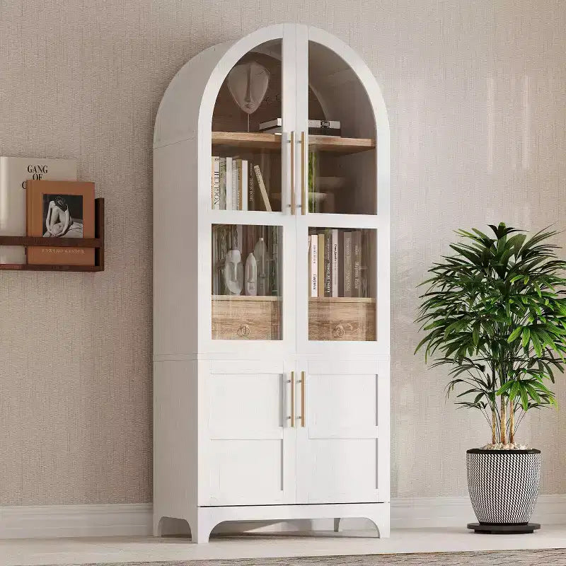 Meuble de cuisine Okak 71" en bois cintré avec 2 tiroirs, armoires de rangement de cuisine avec porte vitrée, grand placard pour cuisine/salle à manger