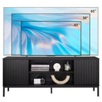 Mid Century Modern TV Table for TV's Up to 65 Inch, Entertainment Center TV Cabinet with Storage and Sliding Doors for Living Room Bedroom, Black