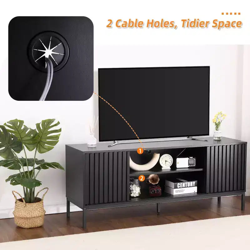 Mobile porta TV Mid Century Modern per TV fino a 65 pollici, mobile TV centro di intrattenimento con ante scorrevoli e vani portaoggetti per soggiorno camera da letto, nero