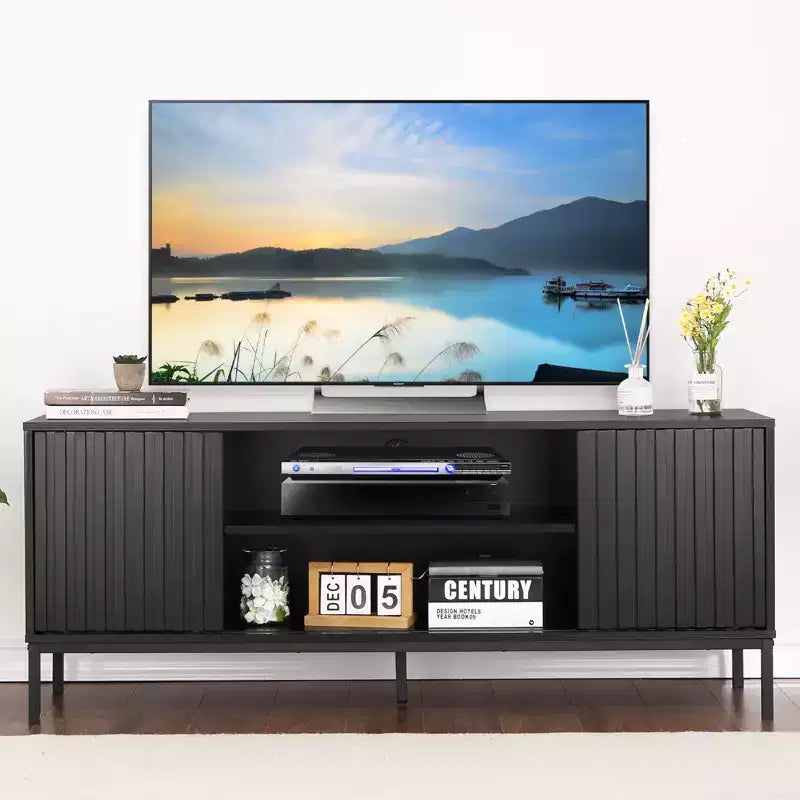 Mobile porta TV Mid Century Modern per TV fino a 65 pollici, mobile TV centro di intrattenimento con ante scorrevoli e vani portaoggetti per soggiorno camera da letto, nero
