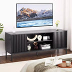 Mobile porta TV Mid Century Modern per TV fino a 65 pollici, mobile TV centro di intrattenimento con ante scorrevoli e vani portaoggetti per soggiorno camera da letto, nero
