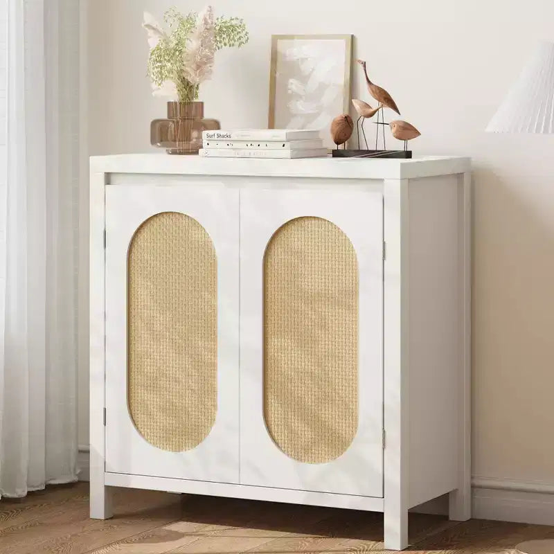 TROPOW Madia Buffet Mid-Century - Mobile Contenitore Retrò da 30" con Ante in Rattan e Ripiani Regolabili, Consolle d'Accento Boho Chic per Soggiorno