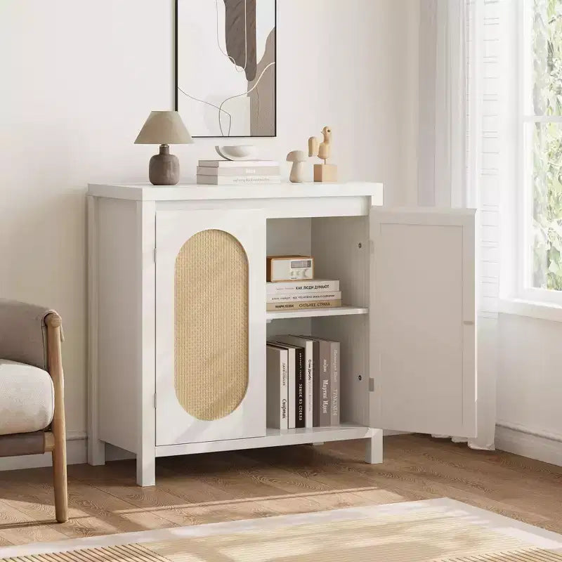 TROPOW Madia Buffet Mid-Century - Mobile Contenitore Retrò da 30" con Ante in Rattan e Ripiani Regolabili, Consolle d'Accento Boho Chic per Soggiorno