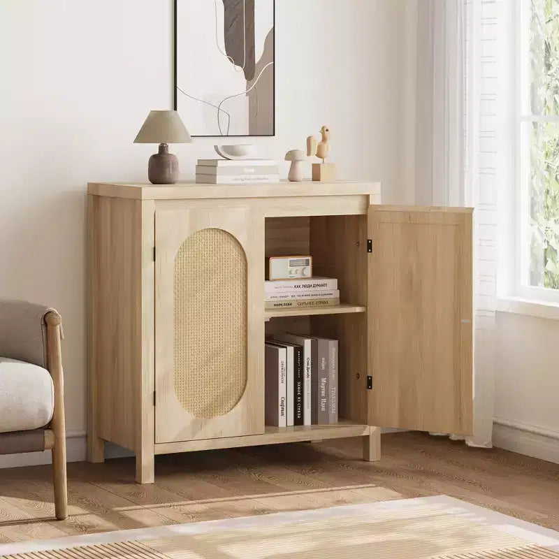 TROPOW Madia Buffet Mid-Century - Mobile Contenitore Retrò da 30" con Ante in Rattan e Ripiani Regolabili, Consolle d'Accento Boho Chic per Soggiorno