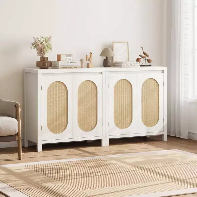 TROPOW Madia Buffet Mid-Century - Mobile Contenitore Retrò da 30" con Ante in Rattan e Ripiani Regolabili, Consolle d'Accento Boho Chic per Soggiorno