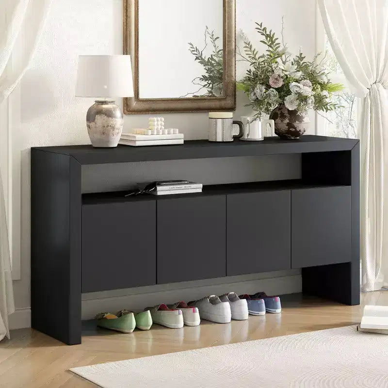 Okak 60 Modern Sideboard Buffet, Solid Wood Storage Cabinet with 4 Doors & Open Shelf for Dining Room Living Room Entranway
