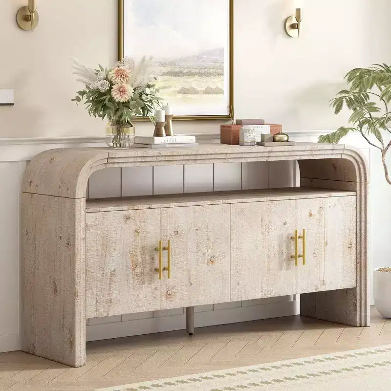 Okak 60 Madia Moderna, Mobile Contenitore in Legno Massello con 4 Ante e Ripiano Aperto per Sala da Pranzo Soggiorno Ingresso