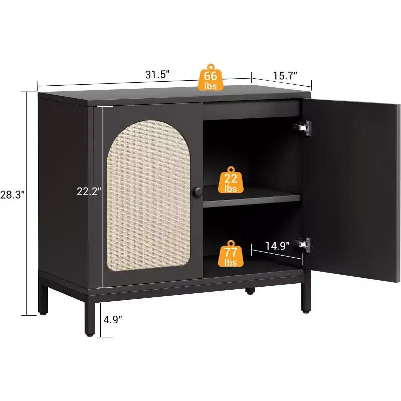 Meuble de rangement en rotin, buffet de cuisine avec portes en rotin et étagères réglables, pour salon, salle à manger, couloir