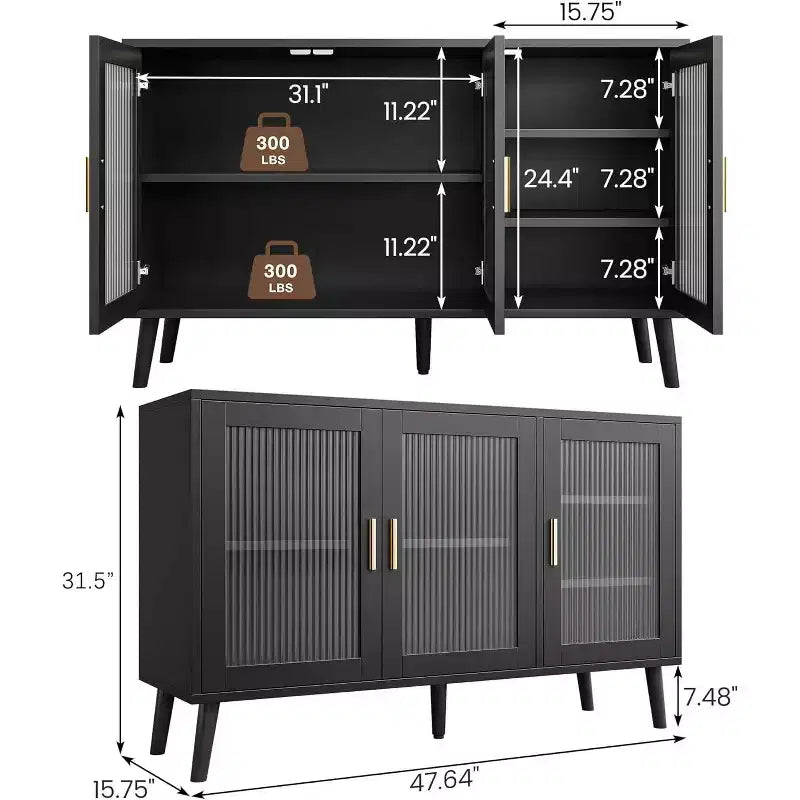 Credenza da Cucina da 48 pollici con 3 Ante in Vetro Scanalato, Ripiani Rimovibili, Mobile Contenitore Nero Decorativo per Soggiorno, Sala da Pranzo, Cucina