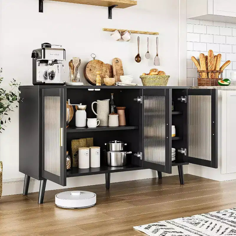 Credenza da Cucina da 48 pollici con 3 Ante in Vetro Scanalato, Ripiani Rimovibili, Mobile Contenitore Nero Decorativo per Soggiorno, Sala da Pranzo, Cucina