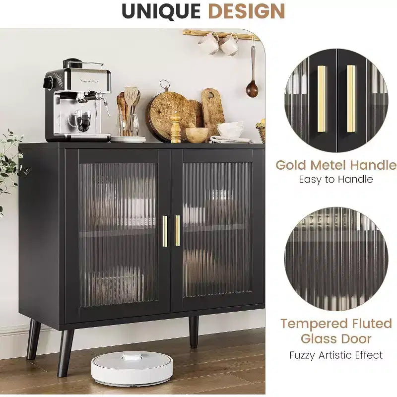Credenza da Cucina da 48 pollici con 3 Ante in Vetro Scanalato, Ripiani Rimovibili, Mobile Contenitore Nero Decorativo per Soggiorno, Sala da Pranzo, Cucina