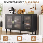 Credenza da Cucina da 48 pollici con 3 Ante in Vetro Scanalato, Ripiani Rimovibili, Mobile Contenitore Nero Decorativo per Soggiorno, Sala da Pranzo, Cucina