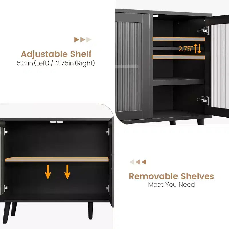 Credenza da Cucina da 48 pollici con 3 Ante in Vetro Scanalato, Ripiani Rimovibili, Mobile Contenitore Nero Decorativo per Soggiorno, Sala da Pranzo, Cucina