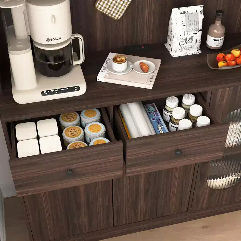 Meuble de cuisine en bois Okak 71H avec portes vitrées et support pour micro-ondes, buffet pour cuisine ou salle à manger