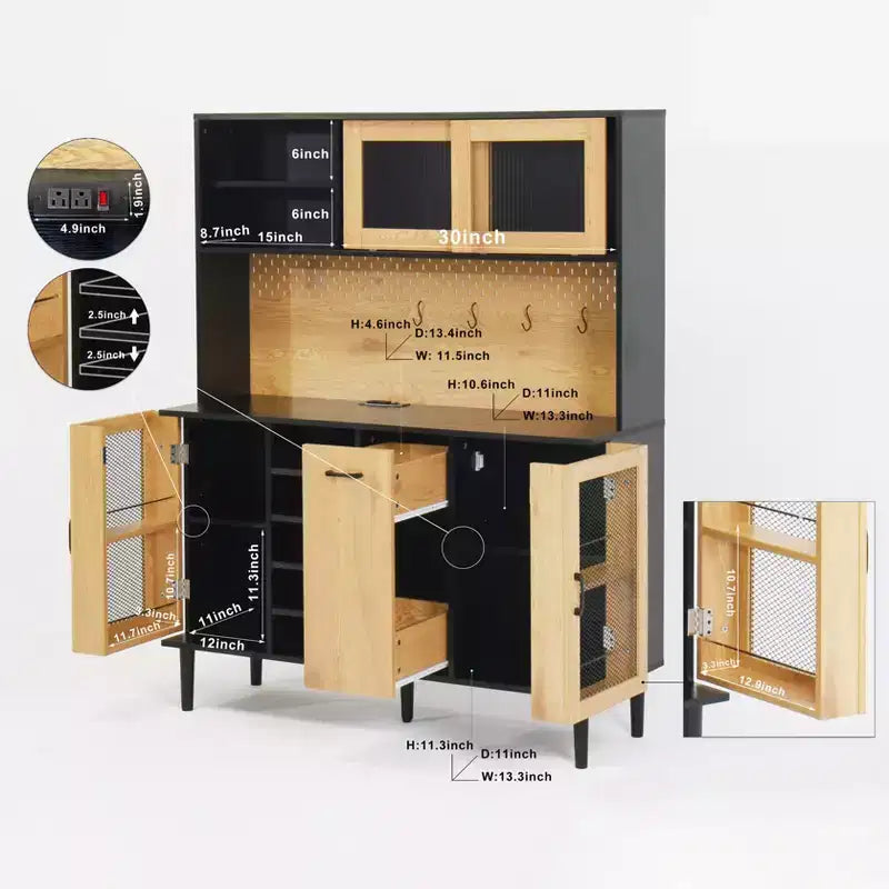 Meuble de cuisine en bois Okak 71H avec portes vitrées et support pour micro-ondes, buffet pour cuisine ou salle à manger