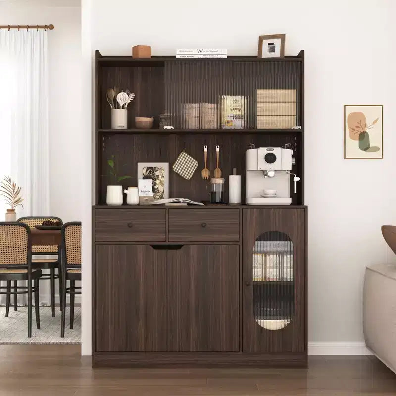 Meuble de cuisine en bois Okak 71H avec portes vitrées et support pour micro-ondes, buffet pour cuisine ou salle à manger