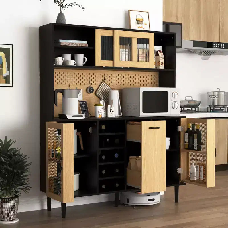 Meuble de cuisine en bois Okak 71H avec portes vitrées et support pour micro-ondes, buffet pour cuisine ou salle à manger