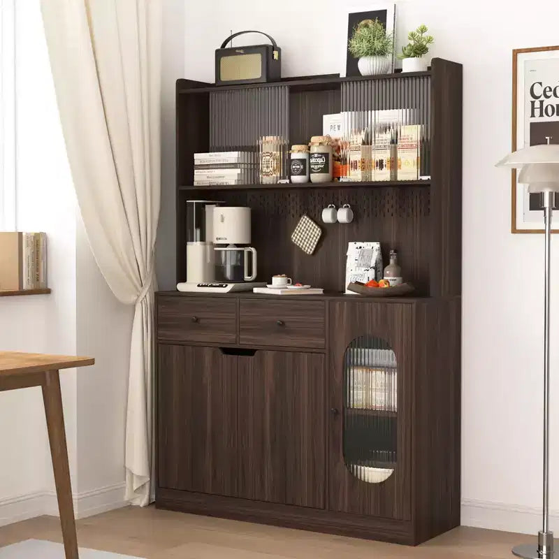 Okak 71H Wooden Kitchen Pantry Cabinet with Glass Doors & Microwave Stand, Buffet Cabinet for Kitchen Dining Room