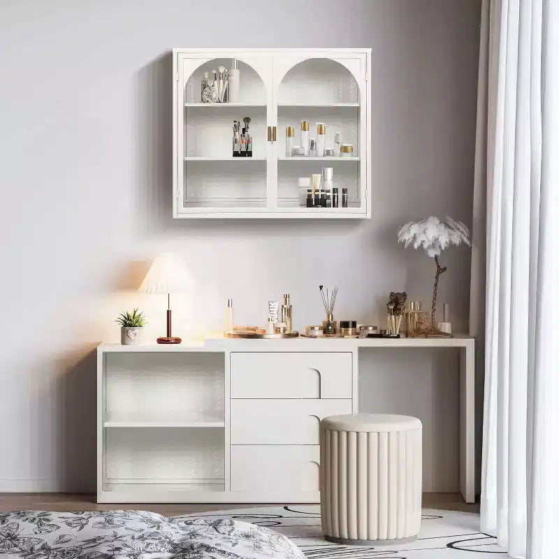 Pensile Okak con motivo intrecciato a 2 ante e 3 ripiani con ante in vetro per ingresso/sala da pranzo/soggiorno/cucina