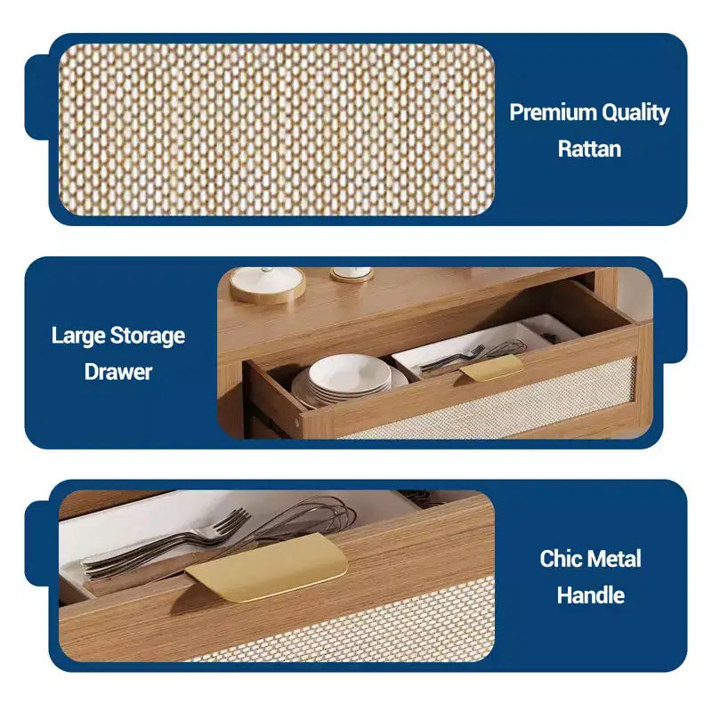 Credenza moderna in rattan con ante, mobile bohémien stretto con credenza, mobile contenitore e tavolino da caffè