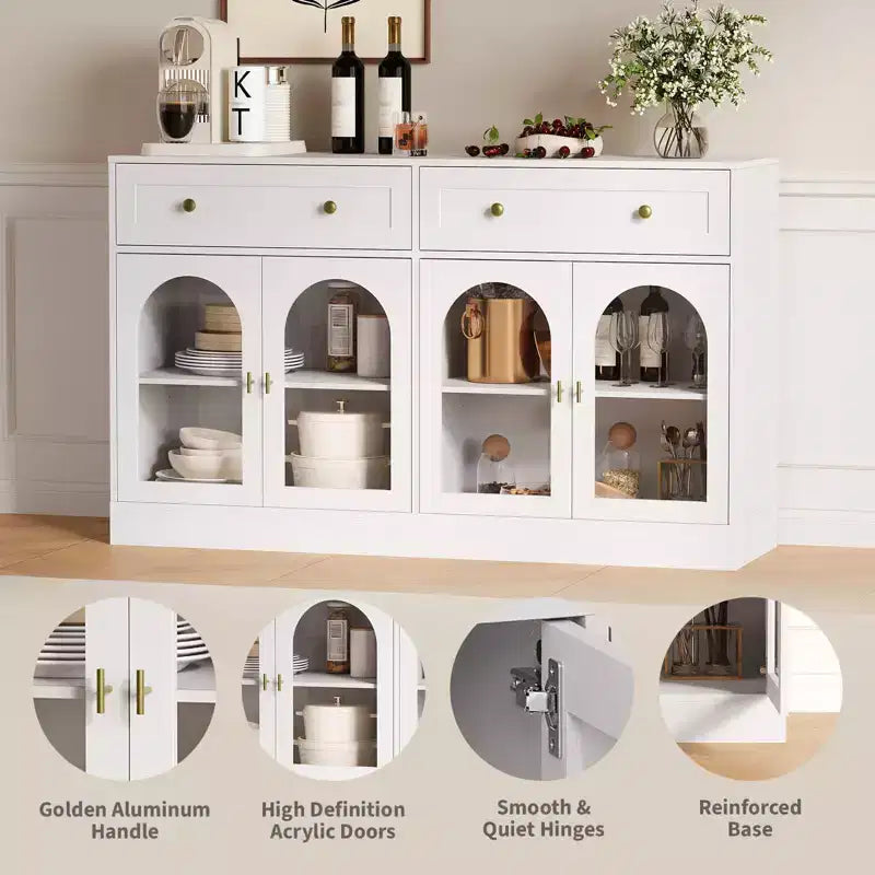 Meuble buffet de 140 cm avec 4 portes en acrylique et 2 tiroirs, meuble de cuisine en bois, console pour salon, salle à manger, entrée