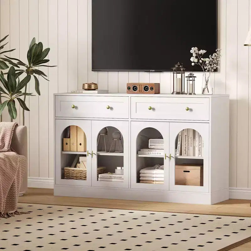 Meuble buffet de 140 cm avec 4 portes en acrylique et 2 tiroirs, meuble de cuisine en bois, console pour salon, salle à manger, entrée