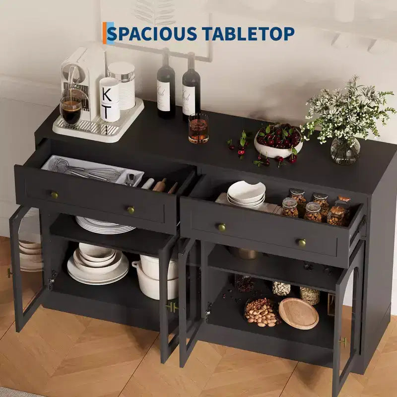 Meuble buffet de 140 cm avec 4 portes en acrylique et 2 tiroirs, meuble de cuisine en bois, console pour salon, salle à manger, entrée