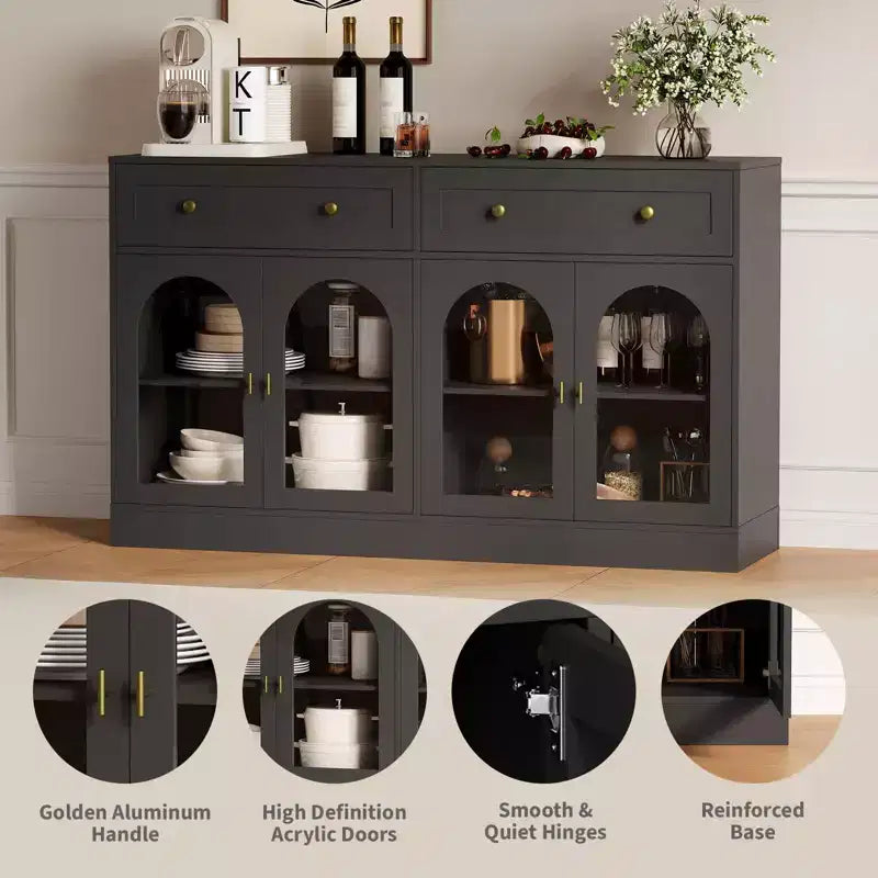 Meuble buffet de 140 cm avec 4 portes en acrylique et 2 tiroirs, meuble de cuisine en bois, console pour salon, salle à manger, entrée