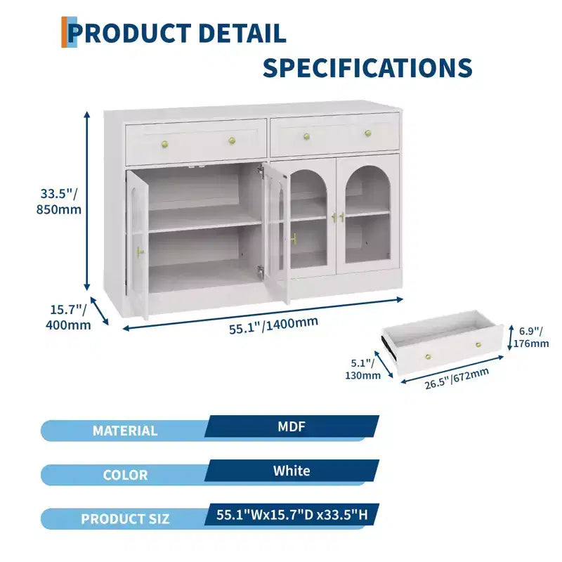 Meuble buffet de 140 cm avec 4 portes en acrylique et 2 tiroirs, meuble de cuisine en bois, console pour salon, salle à manger, entrée