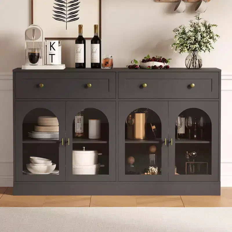 55 Inch Sideboard Buffet Cabinet with 4 Acrylic Doors and 2 Drawers, Wooden Kitchen Cabinet, Console Table for Living Room, Dining Room, Entryway