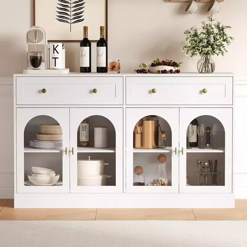 Meuble buffet de 140 cm avec 4 portes en acrylique et 2 tiroirs, meuble de cuisine en bois, console pour salon, salle à manger, entrée
