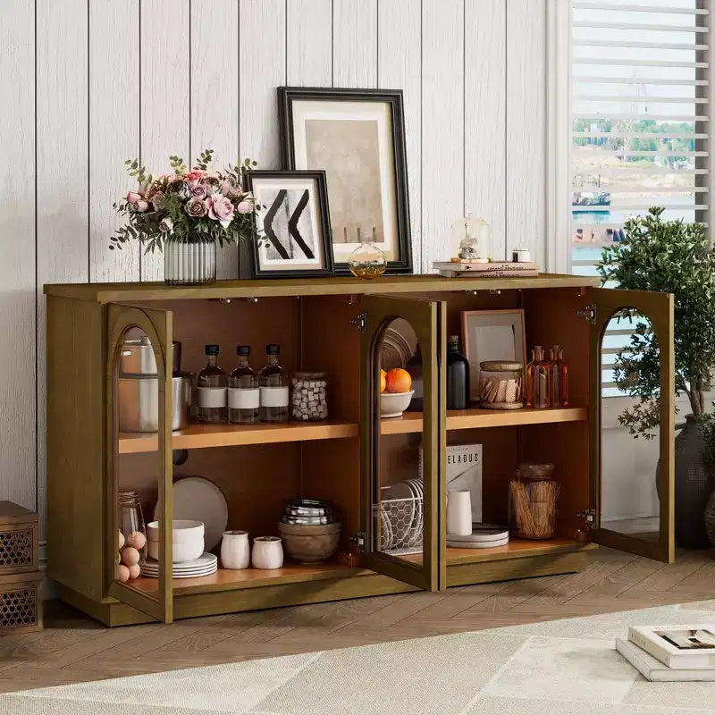 Madia Contry Style Okak con 4 Ante in Vetro ad Arco e Ripiani Regolabili, Credenza in Legno per Cucina