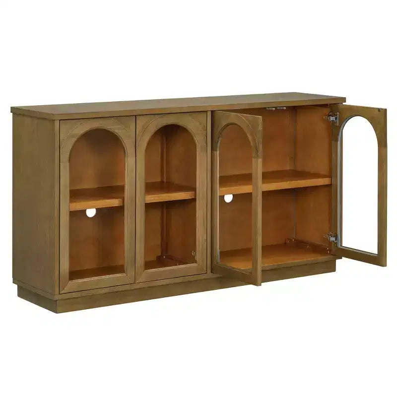 Madia Contry Style Okak con 4 Ante in Vetro ad Arco e Ripiani Regolabili, Credenza in Legno per Cucina