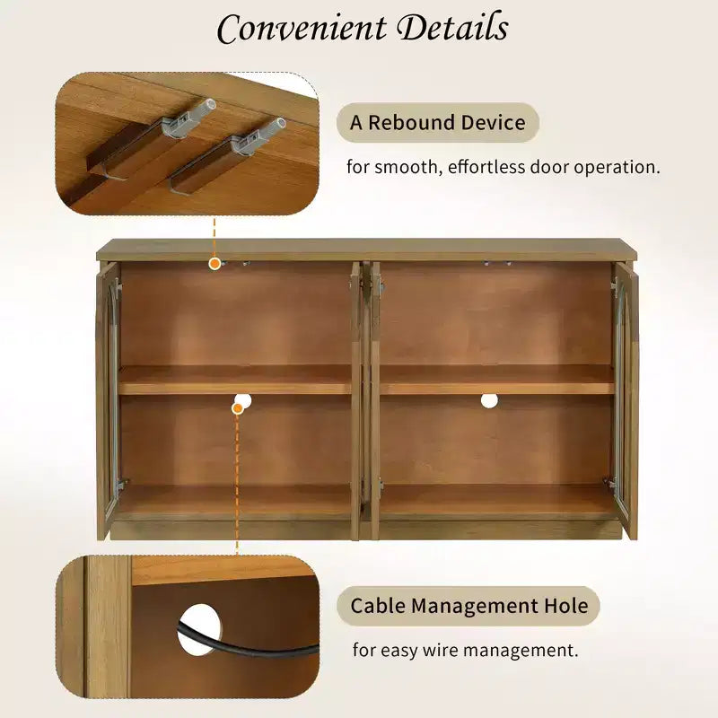 Madia Contry Style Okak con 4 Ante in Vetro ad Arco e Ripiani Regolabili, Credenza in Legno per Cucina