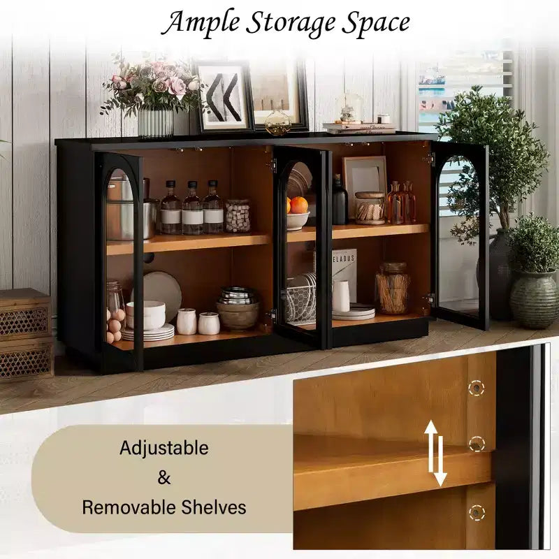 Madia Contry Style Okak con 4 Ante in Vetro ad Arco e Ripiani Regolabili, Credenza in Legno per Cucina