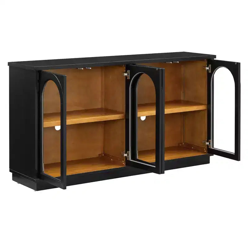 Madia Contry Style Okak con 4 Ante in Vetro ad Arco e Ripiani Regolabili, Credenza in Legno per Cucina