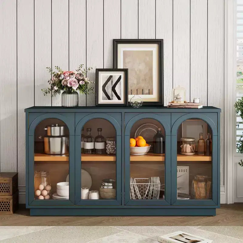 Madia Contry Style Okak con 4 Ante in Vetro ad Arco e Ripiani Regolabili, Credenza in Legno per Cucina