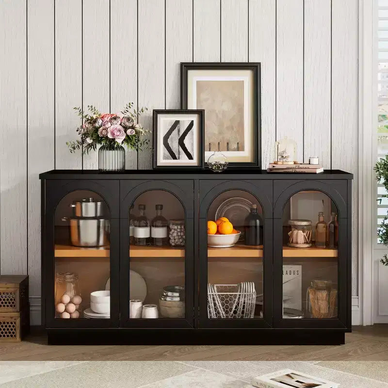 Okak Country Style Sideboard Storage Cabinet with 4 Arched Glass Doors and Adjustable Shelves, Wooden Buffet Cabinet for Kitchen