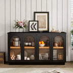 Okak Country Style Sideboard Storage Cabinet with 4 Arched Glass Doors and Adjustable Shelves, Wooden Buffet Cabinet for Kitchen