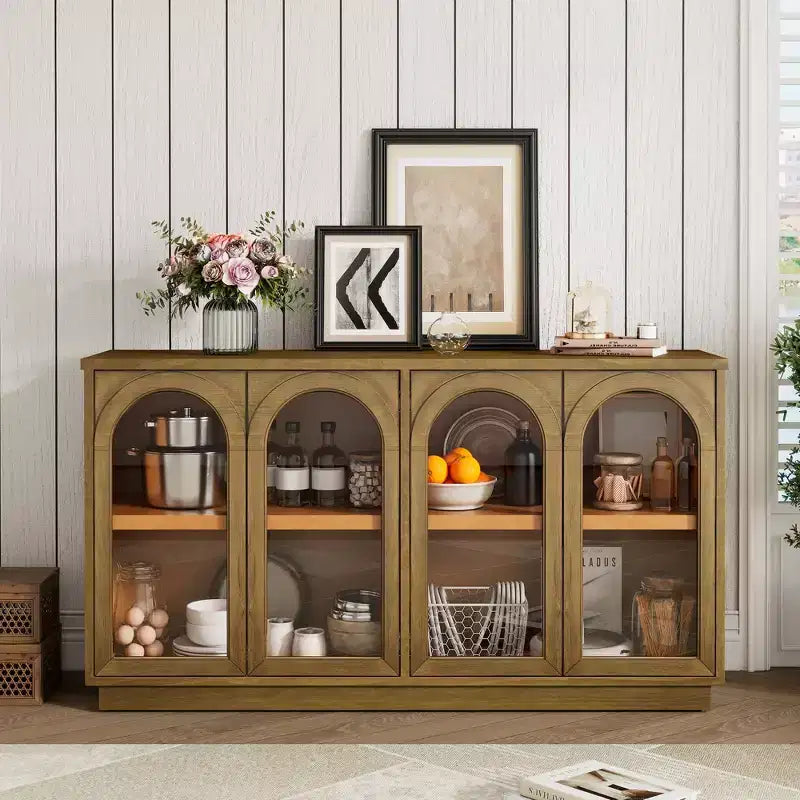 Madia Contry Style Okak con 4 Ante in Vetro ad Arco e Ripiani Regolabili, Credenza in Legno per Cucina